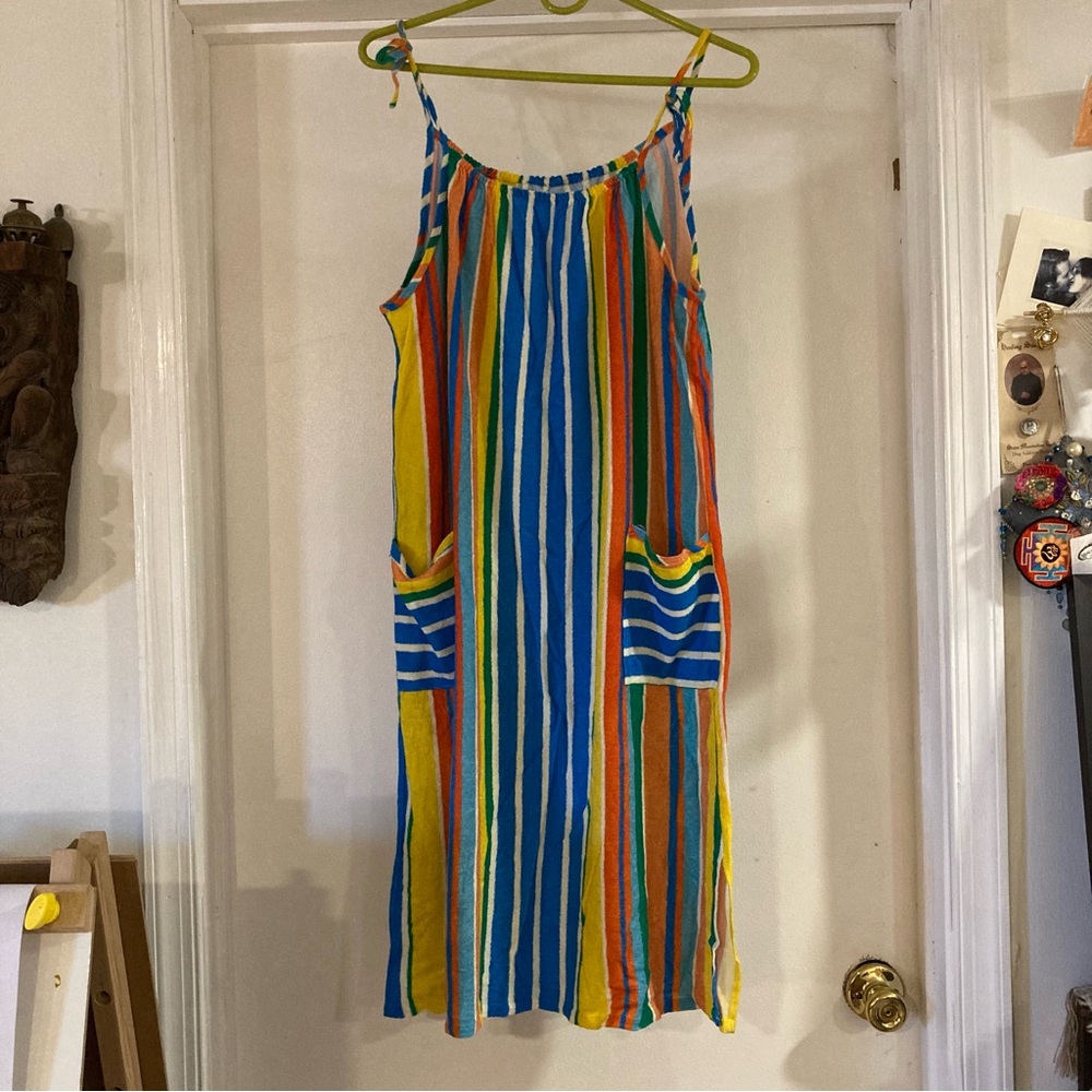 VINTAGE VERTICAL STRIPE POCKETS SUNDRESS/COVER UP TERRY MATERIAL